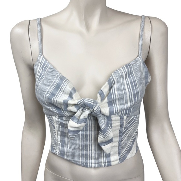 Angie Blue and White Striped Tie Front Cropped Halter‎ Tank Top - Picture 1 of 5